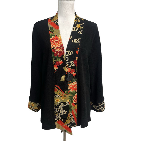 Soft Surroundings Jacket Blazer size Large Black Red Floral Oriental Stretch - Picture 1 of 10